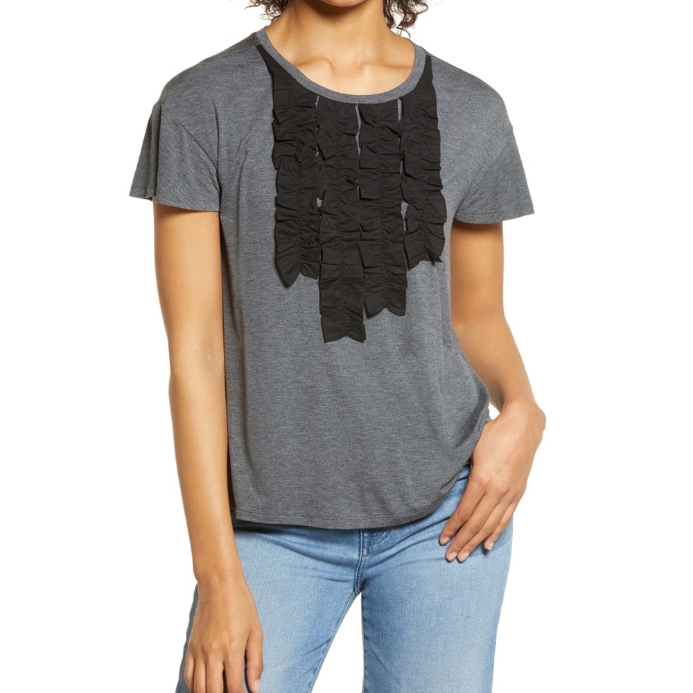 HALOGEN Ruffle Front Top In Grey Medium Charcoal